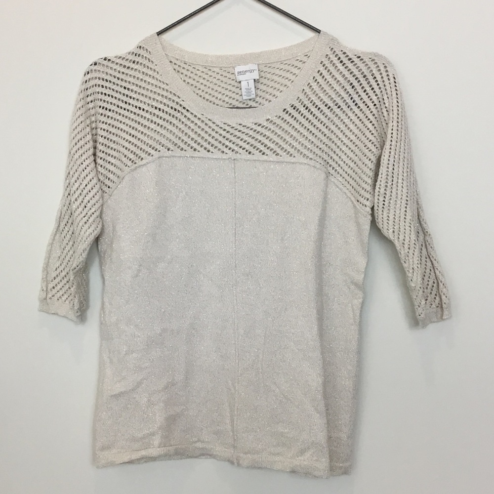 Chico’s Elegant Gold and Cream Knit Sweater with Mesh Details size medium